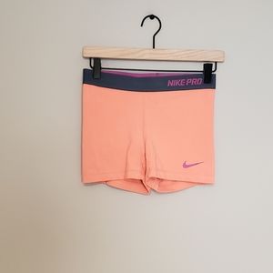 Nike Pro Peach Athletic Shorts with Gray Waistband and Pink Logo